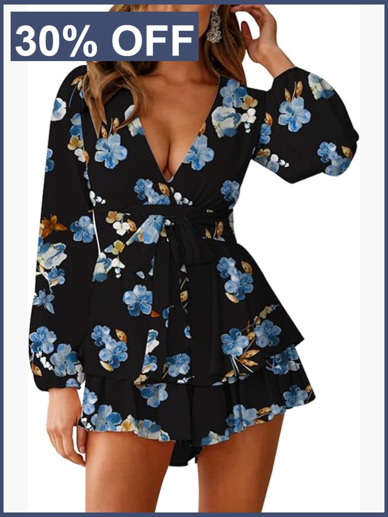 Floral V-Neck Romper With Ruffle Hem And Long Sleeves